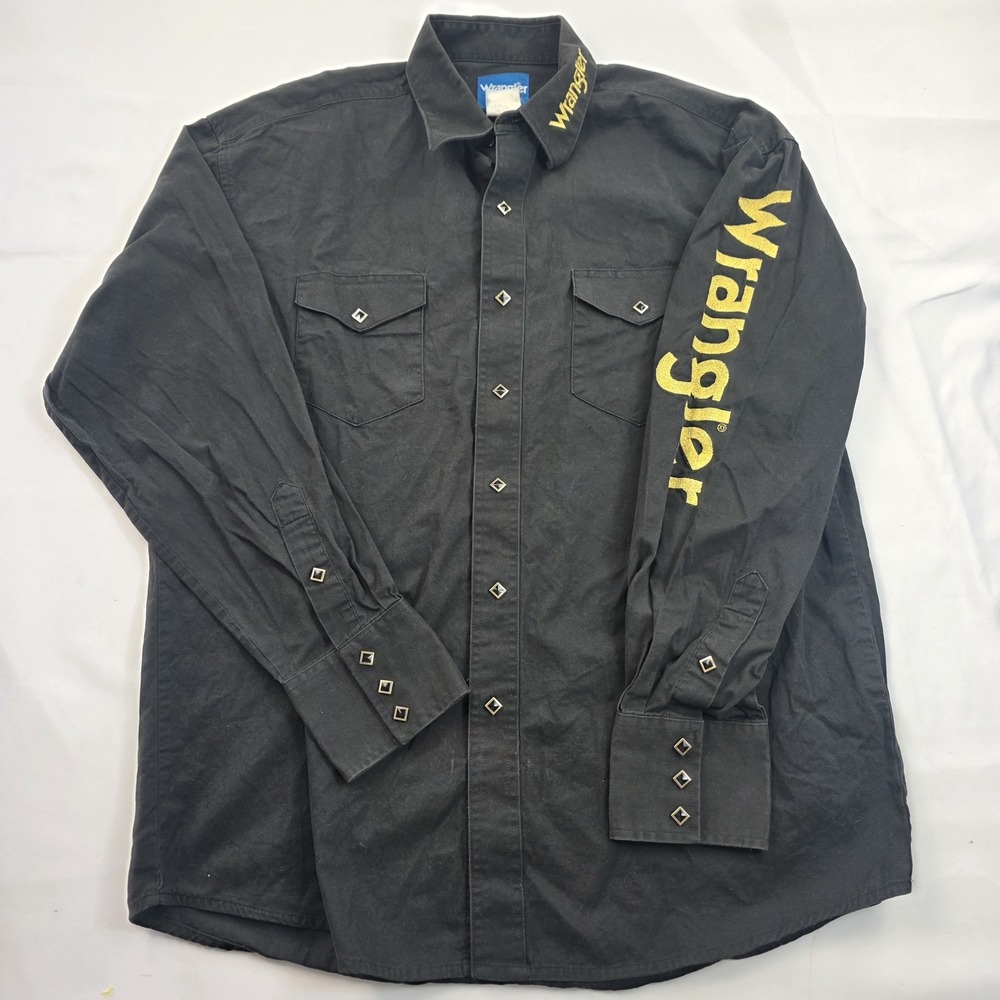Vintage Wrangler Western Shirt Mens Large Black Snap Button Logo Embroidered 90s
